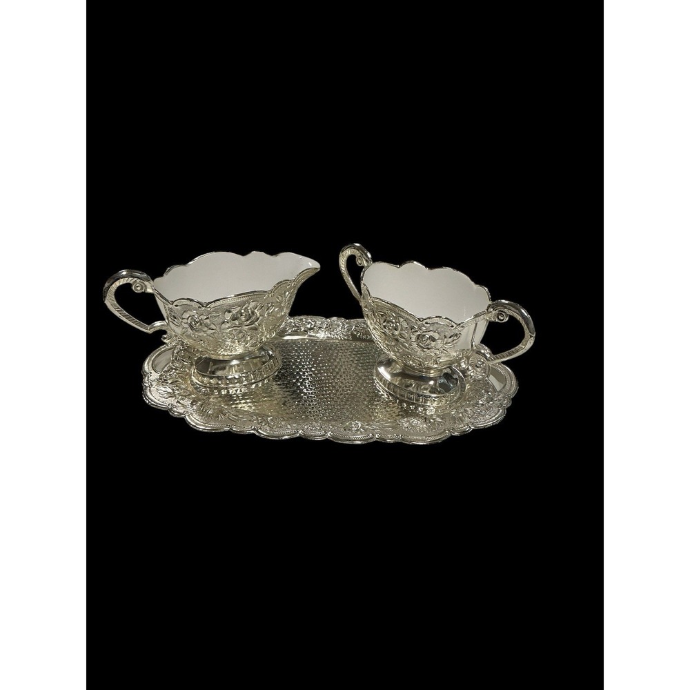 Vintage Silver Plated White Enamel Sugar And‎ Creamer Set With Tray Japan